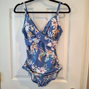 JANTZEN Blue Floral Wrap One Piece Swimsuit Built in Bra Lined Sz 8 Modest Beach